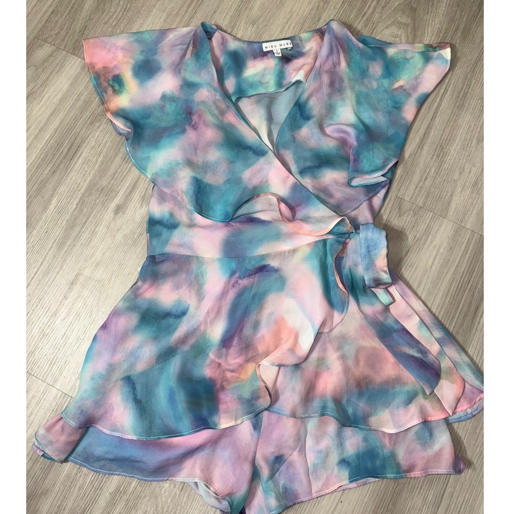 Miou Muse Watercolor Ruffle Romper Blue Pink Purple MMR321 Large